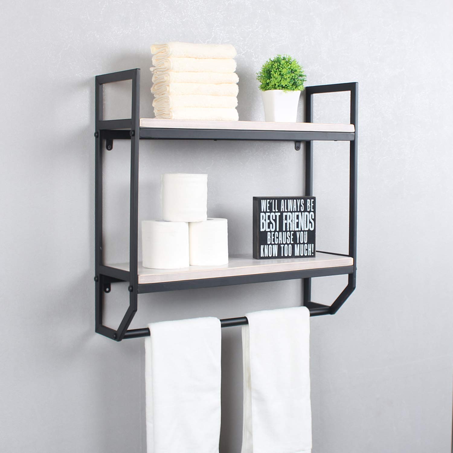 2-Tier Metal Industrial 23.6'' Bathroom Shelves Wall Mounted,Rustic Wall Shelf Over Toilet,Towel Rack With Towel Bar,Utility Sto