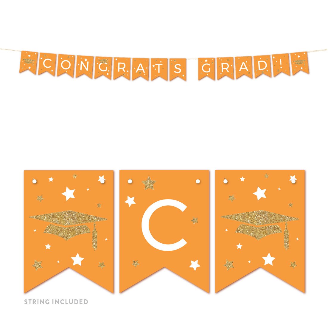 Andaz Press Orange And Gold Glittering Graduation Party Collection, Hanging Pennant Party Banner With String, Congrats Grad, 5-F