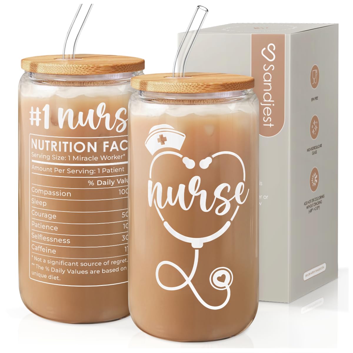 SANDJEST Nurse Glass Can, Nutrition Facts Cup with Lid & Straw, Iced Coffee Aesthetic Cups, Idea Gift for Christmas Birthday Nur
