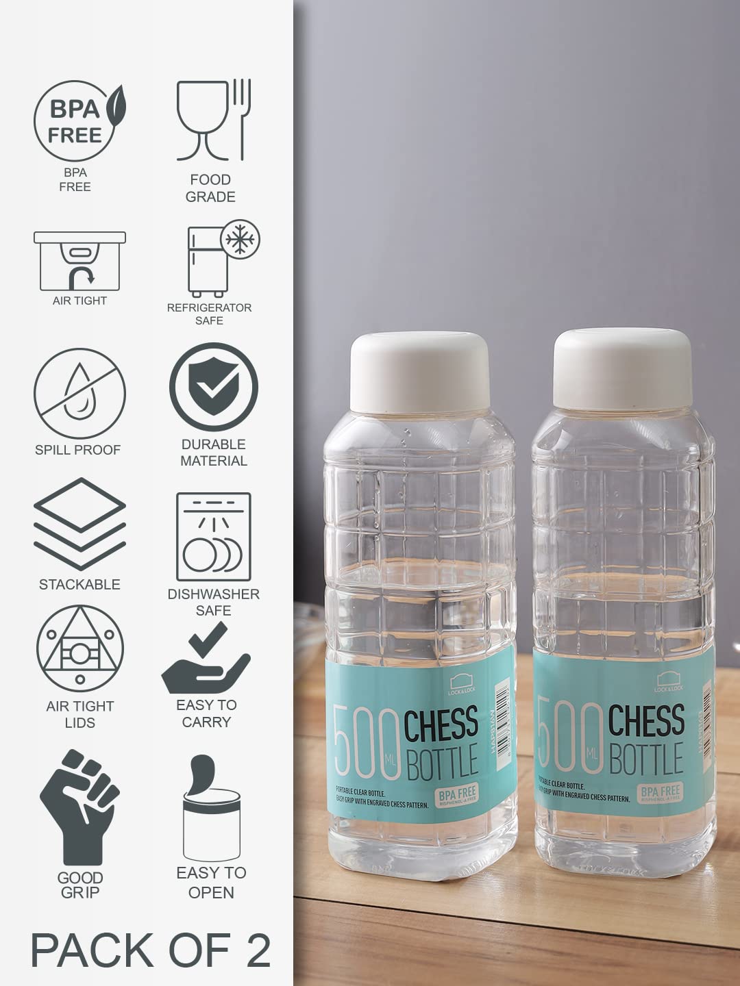 Lock & Lock Chess Water Bottle - 500Ml_White (Pack Of 2)