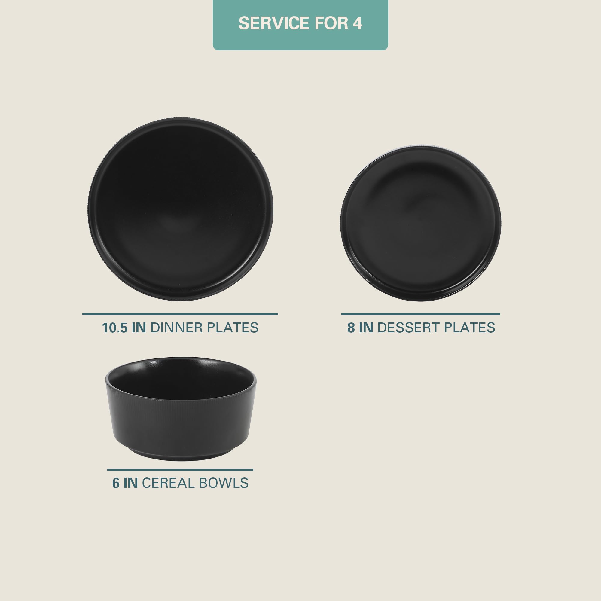 Gibson Home Dempsey Road 12-Piece Stoneware Dinnerware Set - Service for 4, Round Black Plates and Bowls, Durable Solid Color Mo