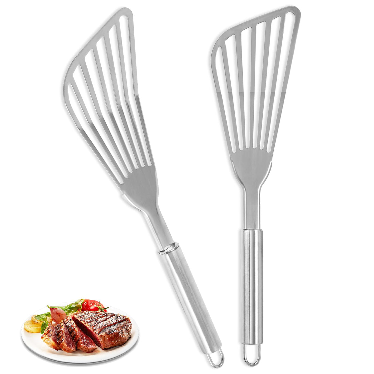 2Pack Fish Spatula Stainless Steel,Premium Fish Turner Spatula,Flexible Barbecue Turner,Metal Slotted Spatula For Flipping Fish