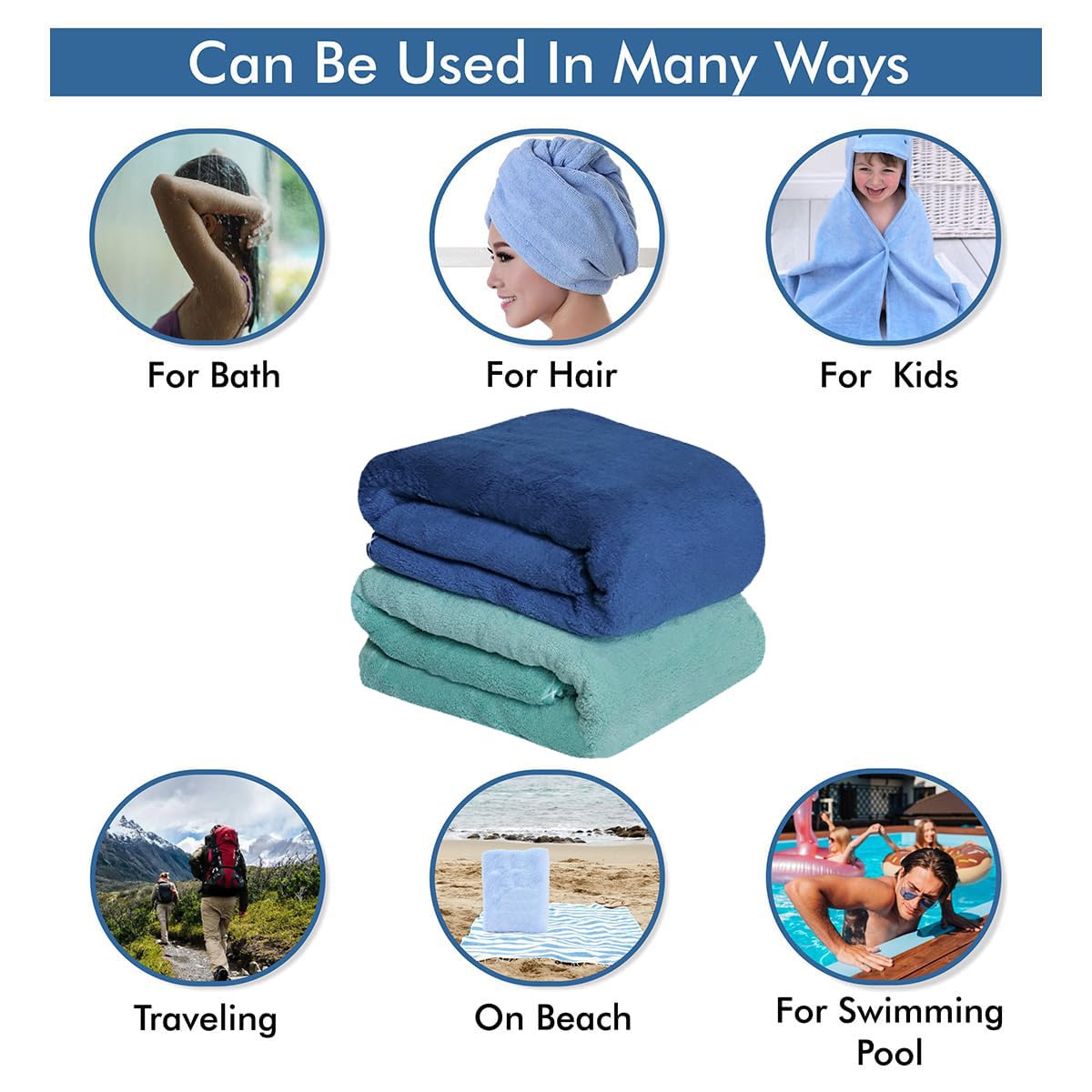 UrbanLeaf Microfiber Large Bath Towel | Quick Dry Super Absorbent - Bath Towel for Men and Women | Navy Blue & Green | Towel for