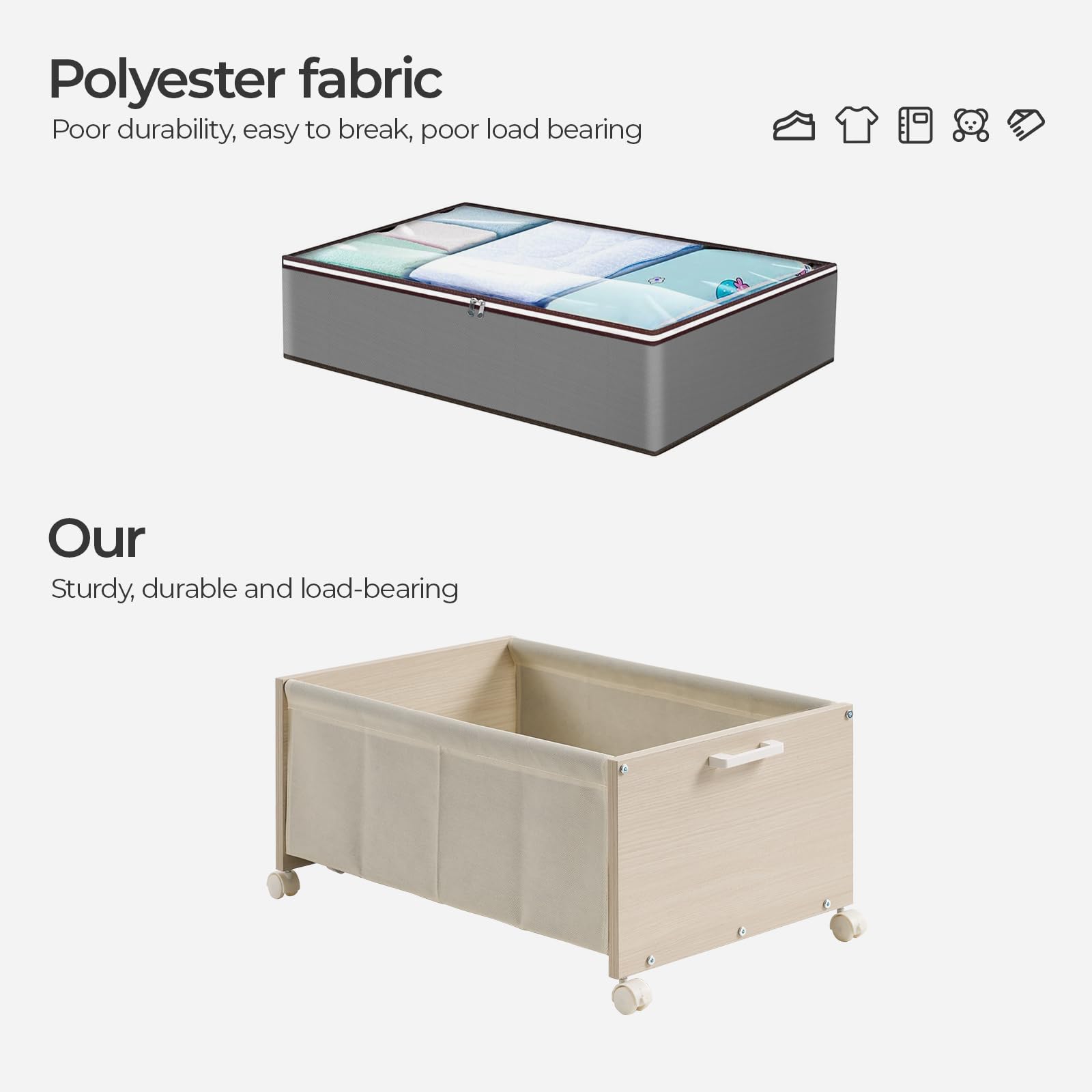 FOUCSSOMEI Under Bed Storage with Wheels, Under Bed Drawers Heavy Duty, 2 Packs, Wooden Under Bed Storage Containers Organizer,