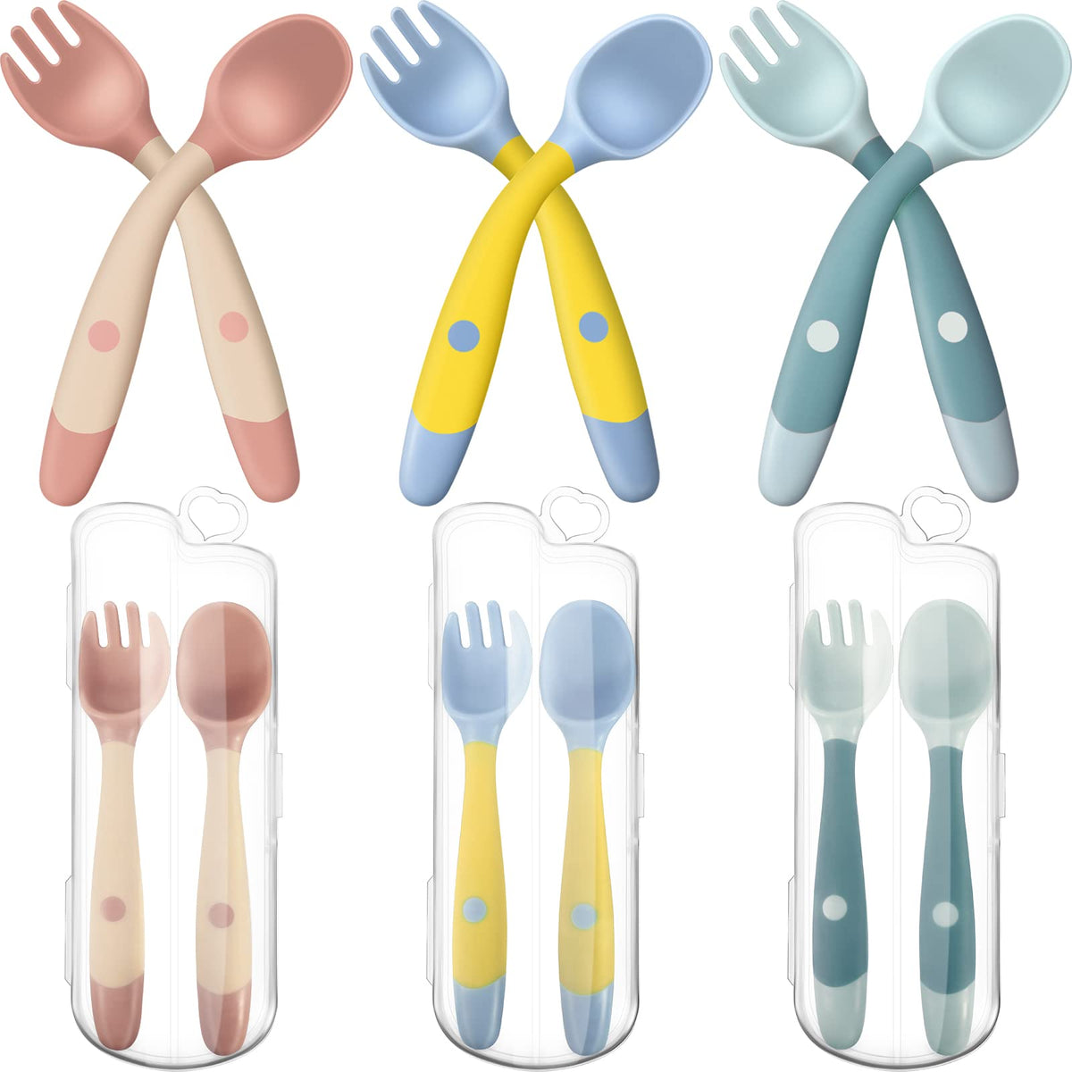 Toddler Utensils Baby Spoons and Forks Set with Case Bendable Self Feeding Training Flatware Silicone Spoon Fork for Kids Babies