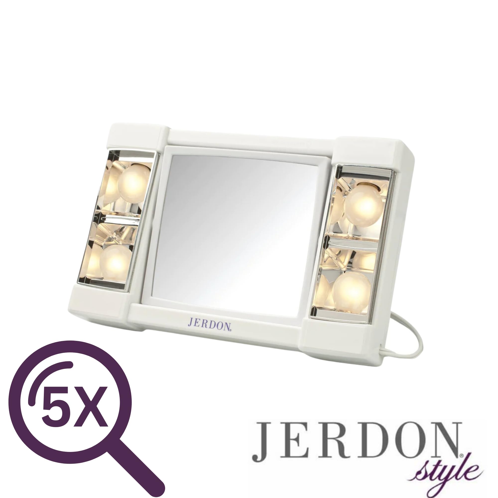 Jerdon Two-Sided Makeup Mirror With Lights - Vanity Mirror With 3X Magnification & Glare-Free Lighting - White Base - Model J101