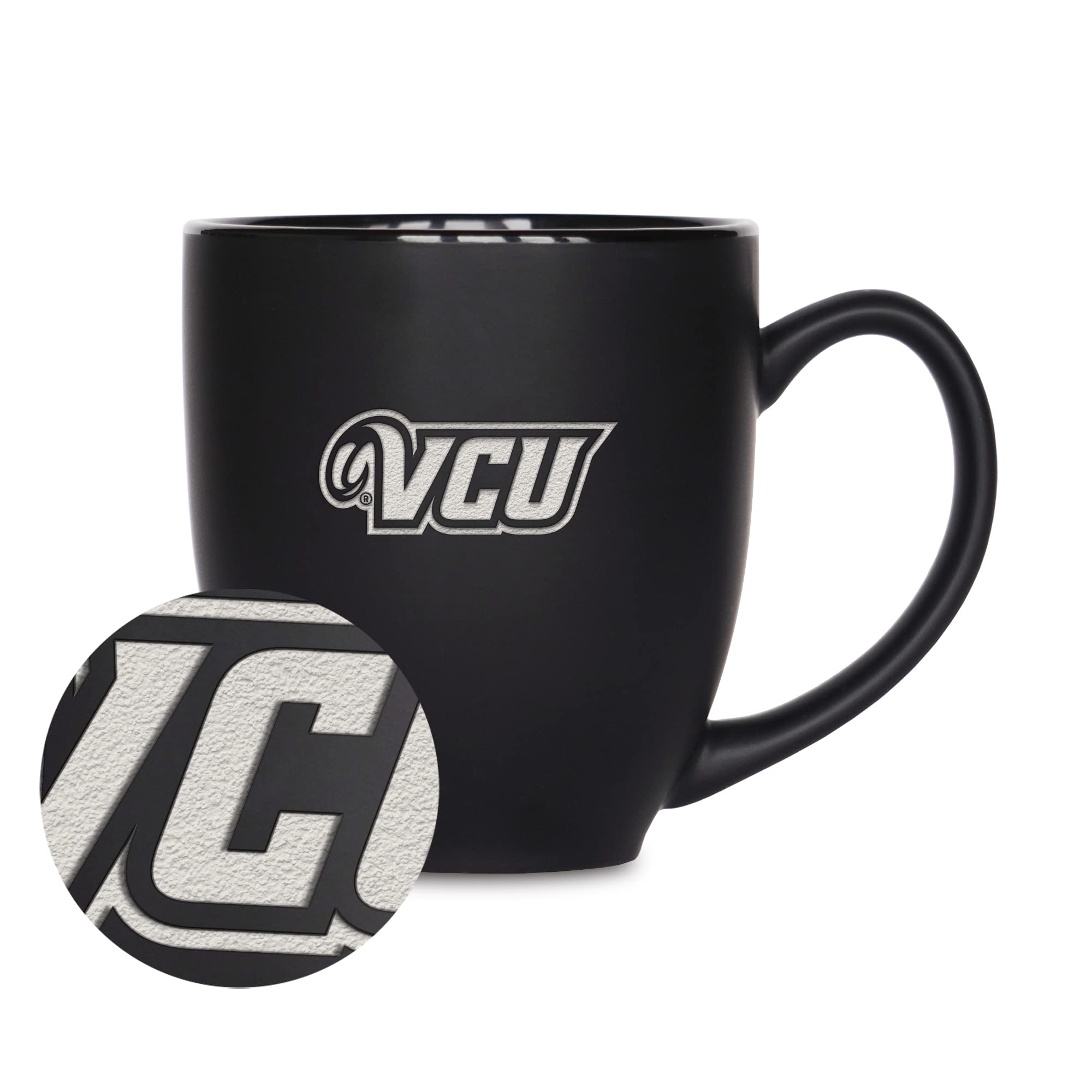 Rico Industries NCAA Virginia Commonwealth Rams Main 15oz Laser Engraved Matte Black Ceramic Bistro Mug - For Hot or Cold Drinks