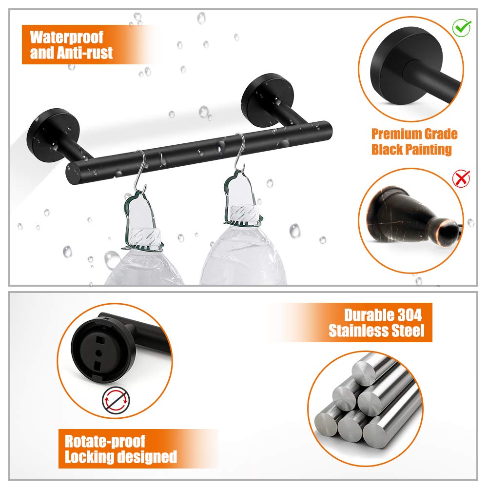 Tudoccy 5-Pieces Matte Black Bathroom Hardware Set SUS304 Stainless Steel Round Wall Mounted - Includes 16'' Hand Towel Bar  Toilet Paper Holder  3 Robe Towel Hooks Bathroom Accessories Kit