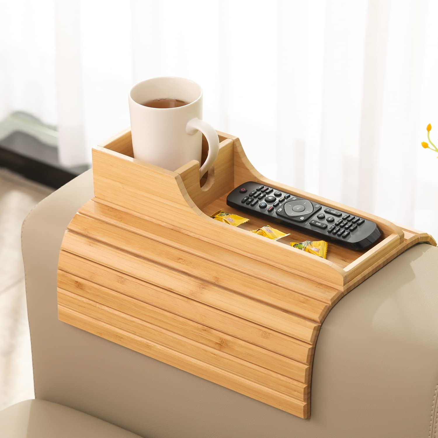 Gehe Bamboo Couch Cup Holder, Anti-Spill Sofa Arm Tray, Natural And Easy To Clean Couch Arm Cup Holder Armrest Tray Perfect For
