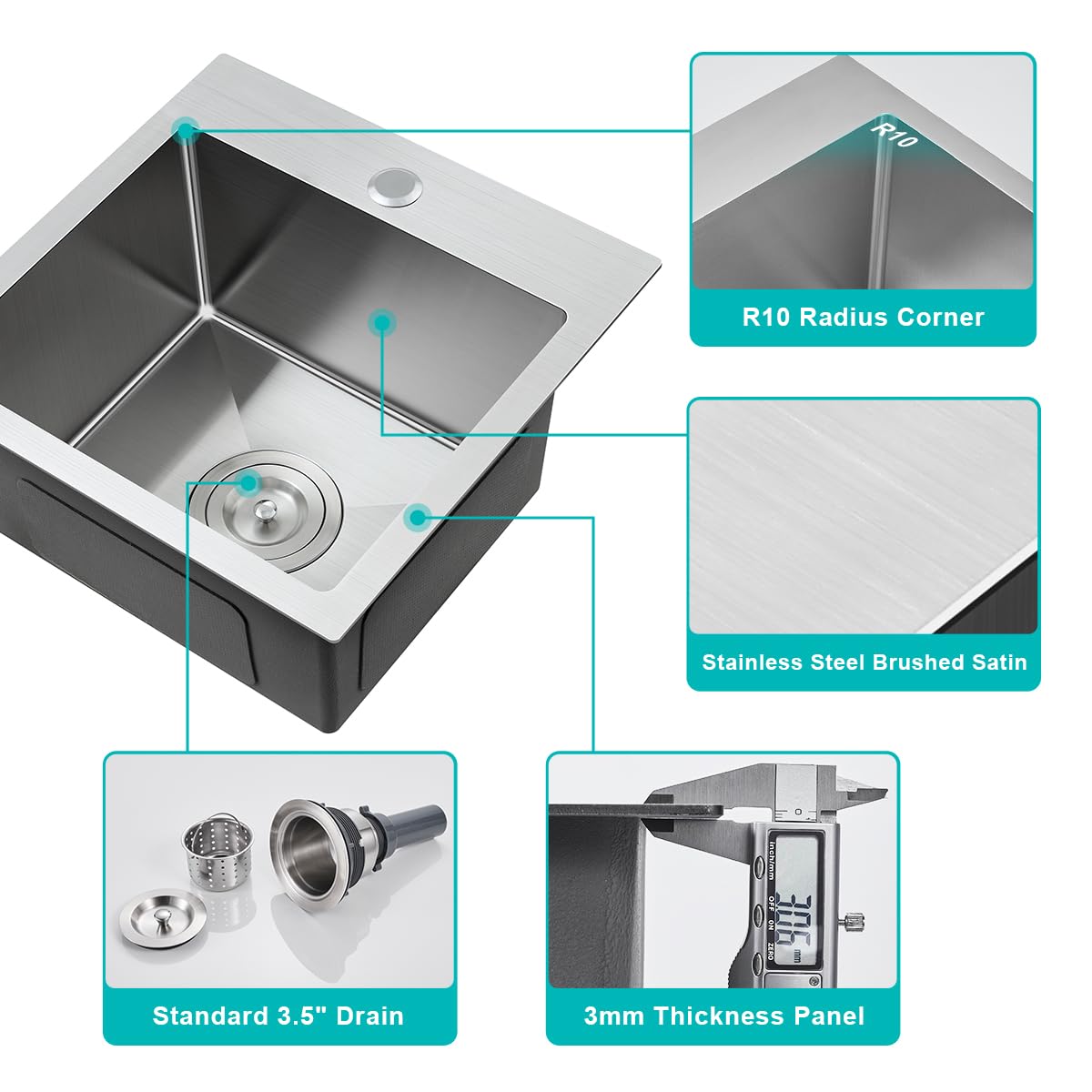 20-Inch Drop In Kitchen Sink, Tsibomu Stainless Steel Single Bowl Small Kitchen Sink Brushed Nickel,D20''Xw16''Xh9''