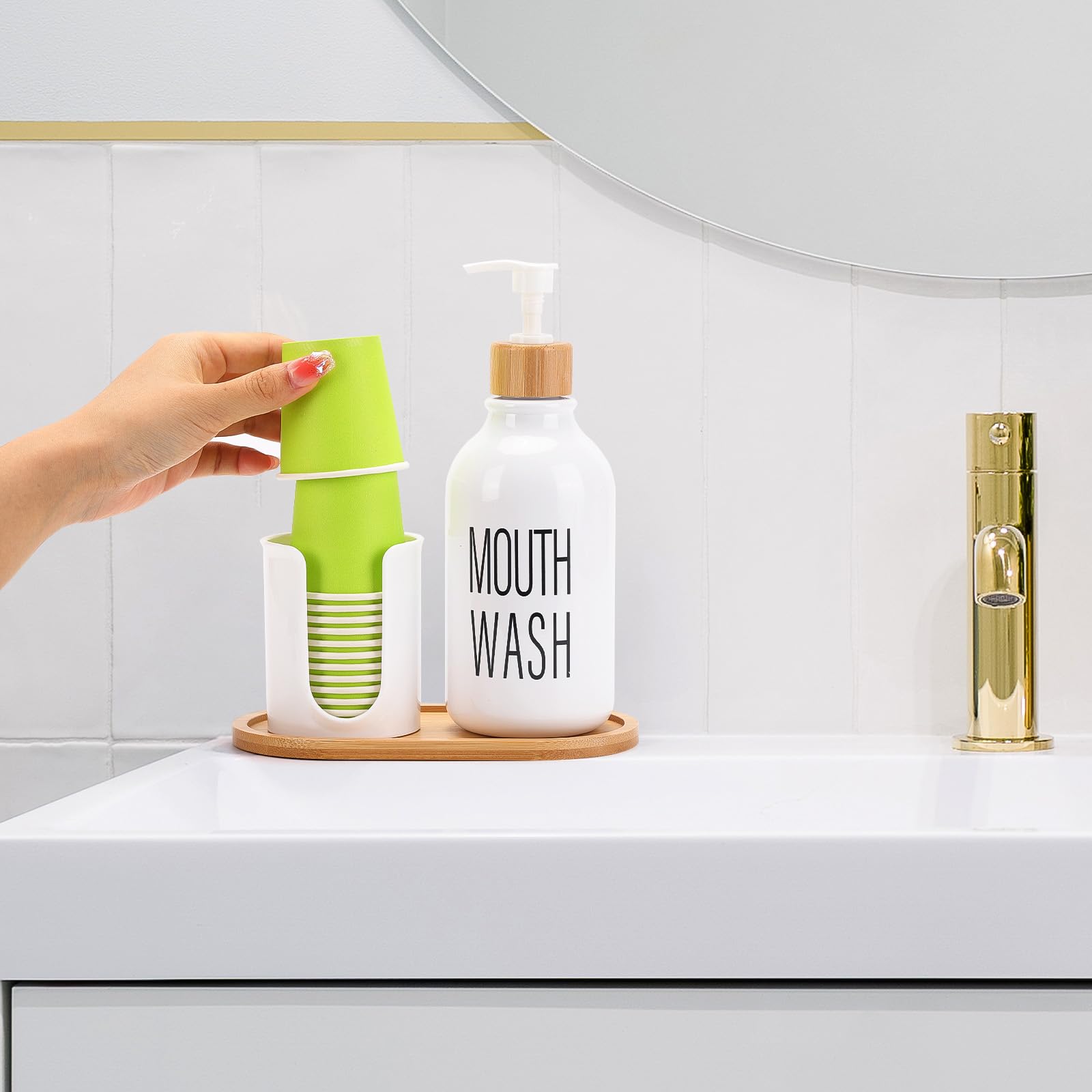 Mouthwash Dispenser With Cup Holder, Plastic White Mouth Wash Pump Bottle With Tray For Bathroom Organizers, 17Oz Refillable Cle