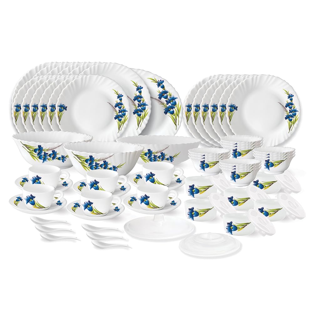 Larah By Borosil Nina Fluted Series Opalware Dinner Set | 66 Pieces For Family Of 6 | Microwave & Dishwasher Safe | BoneAsh Fre
