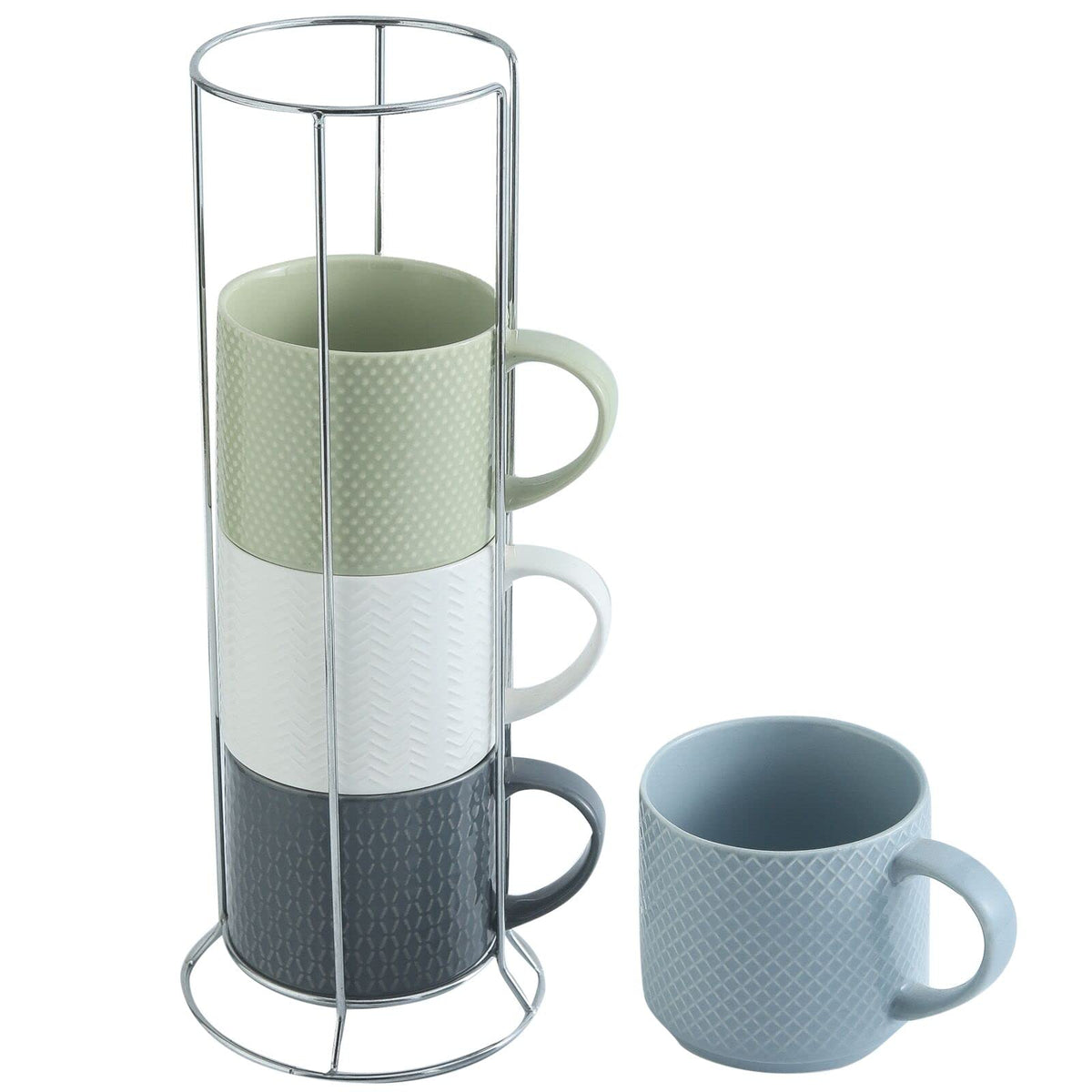 Hasense Coffee Mugs, Stackable Porcelain Coffee Cups Gift Set Of 4 With Metal Stand, 15 Ounce Embossed Cappuccino Cups For Latte