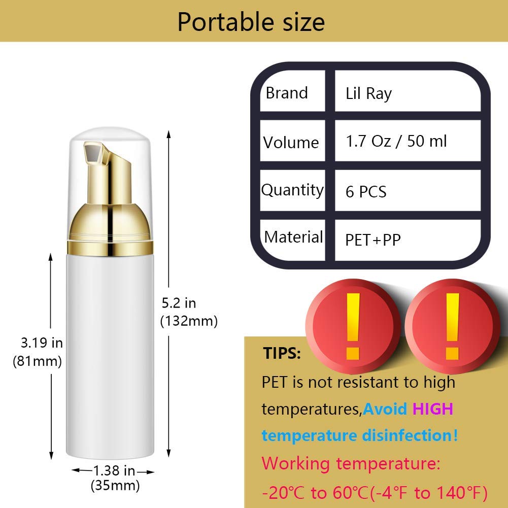 Lil Ray 2 Oz Empty White Foam Pump Bottle, Foamer Soap Dispenser For Lash Shampoo, Hand Soap, Foaming Cleaner(Gold Pump, 6 Pcs)