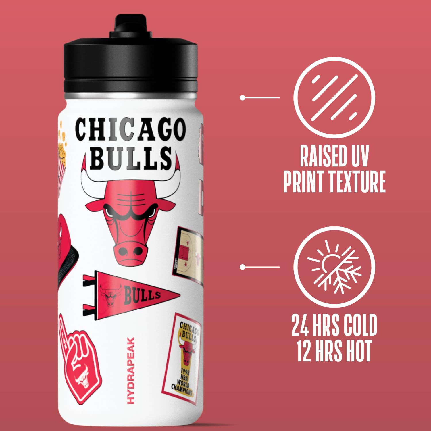Hydrapeak x NBA Officially Licensed Chicago Bulls 20 oz Active Water Bottle with Chug Lid and Handle Reusable Stainless Steel Do