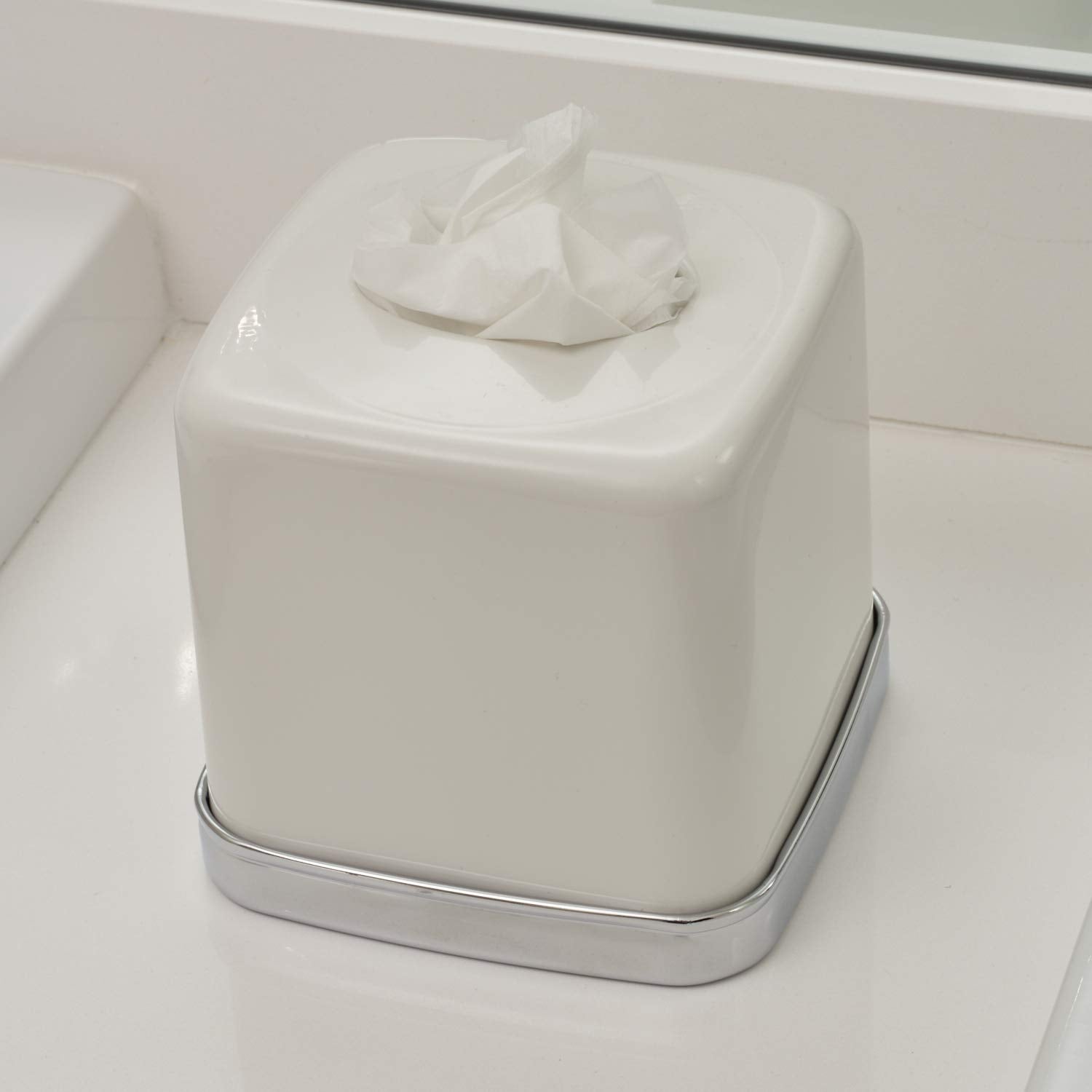 Idesign York Facial Tissue Box Cover, Vintage Holder For Bathroom Vanity Countertops, 5.75'' X 5.75'' X 5.5'', Chrome And White