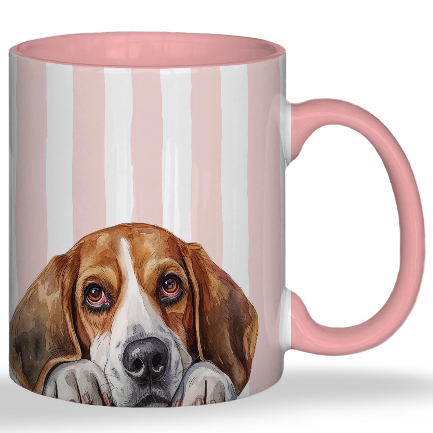 MKIJUHB Beagle Mug, Beagle Gifts for Women Ceramic Coffee Cup With Handle, Dog Mom Dad Lovers Gifts, Pink and White Striped Dog 