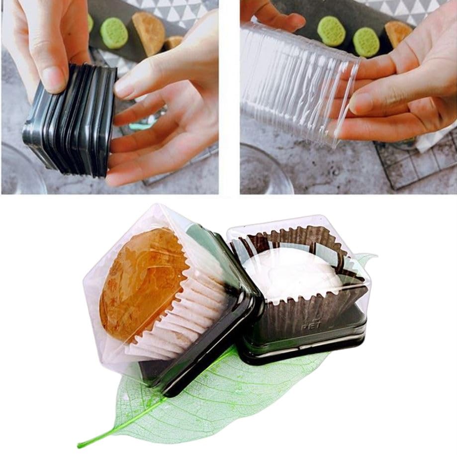 50 Pack Black Bottom Clear Cover Plastic Mini Cake Box - Muffin Box - Moon Cake Box - Mung Bean Cake Snow Mei Niang Box(Bottom 2