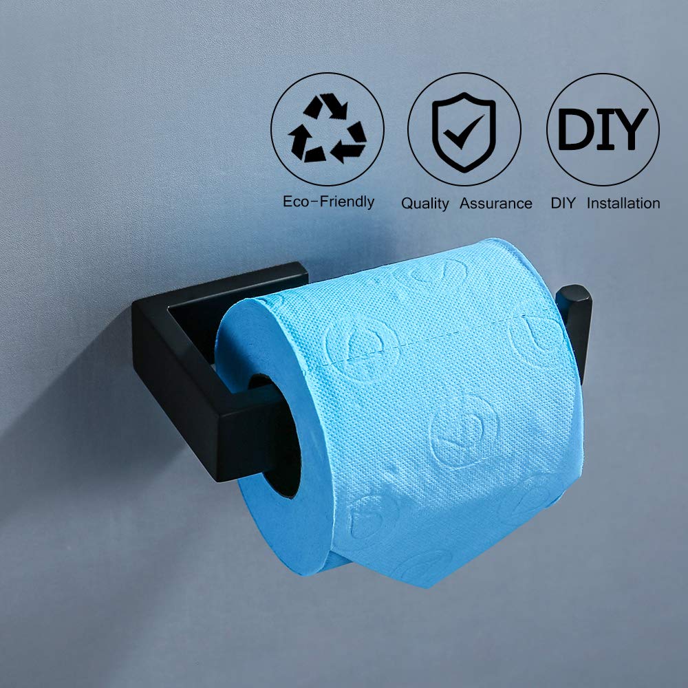 TNOMS 4 Pieces Bathroom Hardware Accessories Set Black Towel Bar Towel Holder Robe Hook Toilet Paper Holder Stainless Steel Q8-P4BK