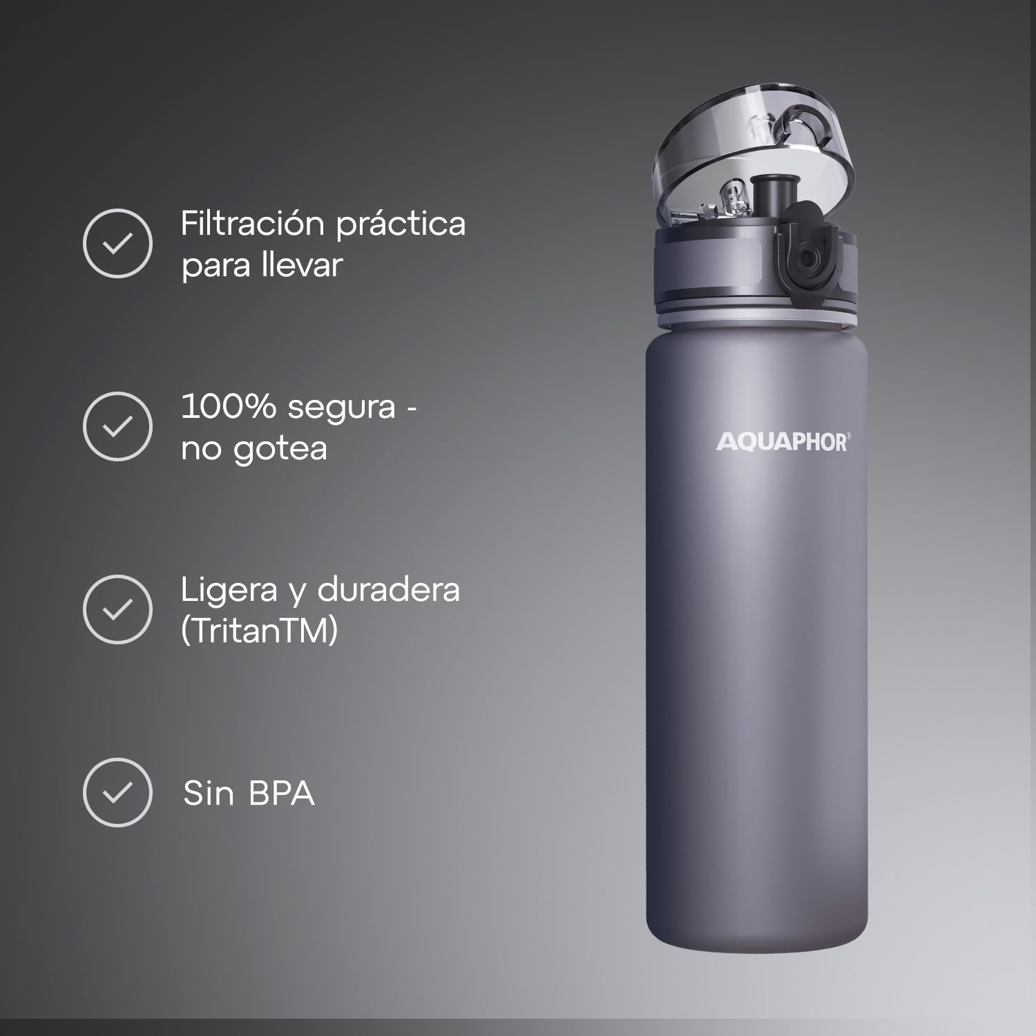 AQUAPHOR City Bottle 500ml Grey  Travel Water Bottle with Activated Carbon Filter  Filters Chlorine & Impurities  Made of Tritan & BPA-Free  Stay Hydrated On The Go!