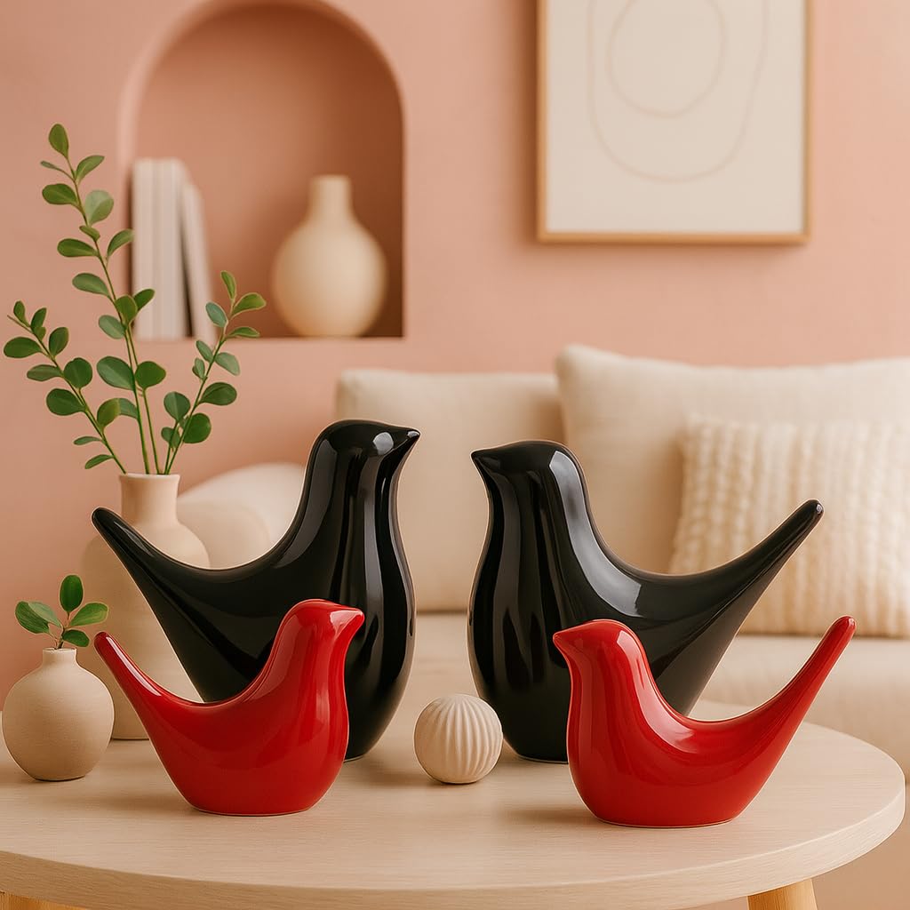 Xtore Creative Black And Red Glossy Ceramic Birds Figurines Home Decorations Accessories Party (Pack Of 4, Red & Black)