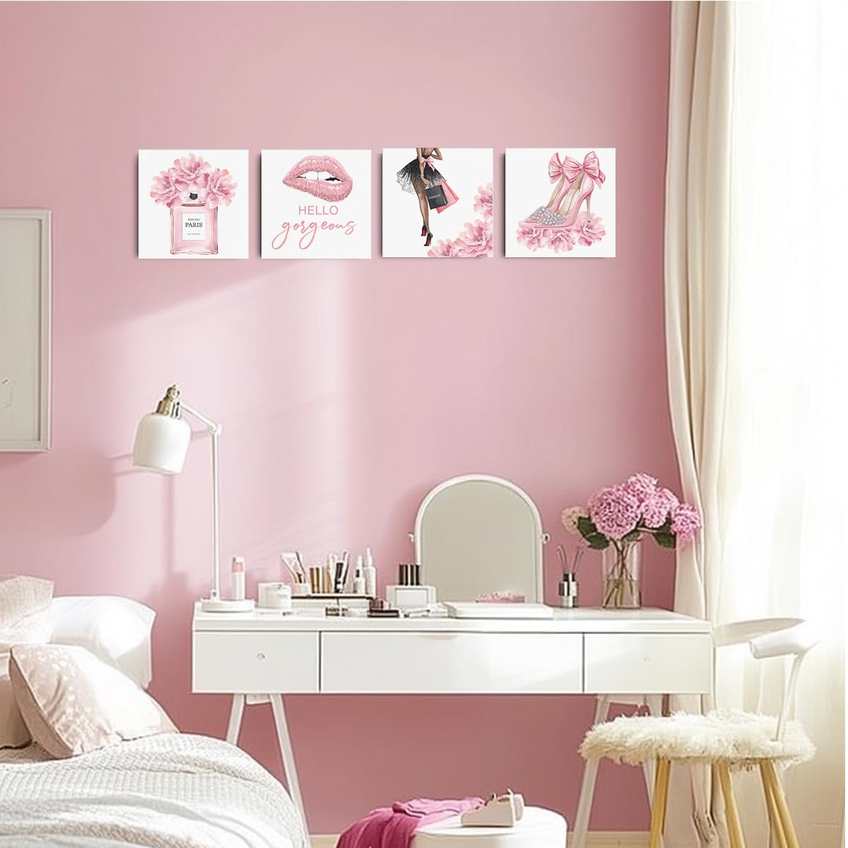 4 Pcs Pink Fashion Canvas Wall Art, Perfume High Heels Lipstick Beauty Wall Decor, Aesthetic Framed Posters Art Prints Artwork P