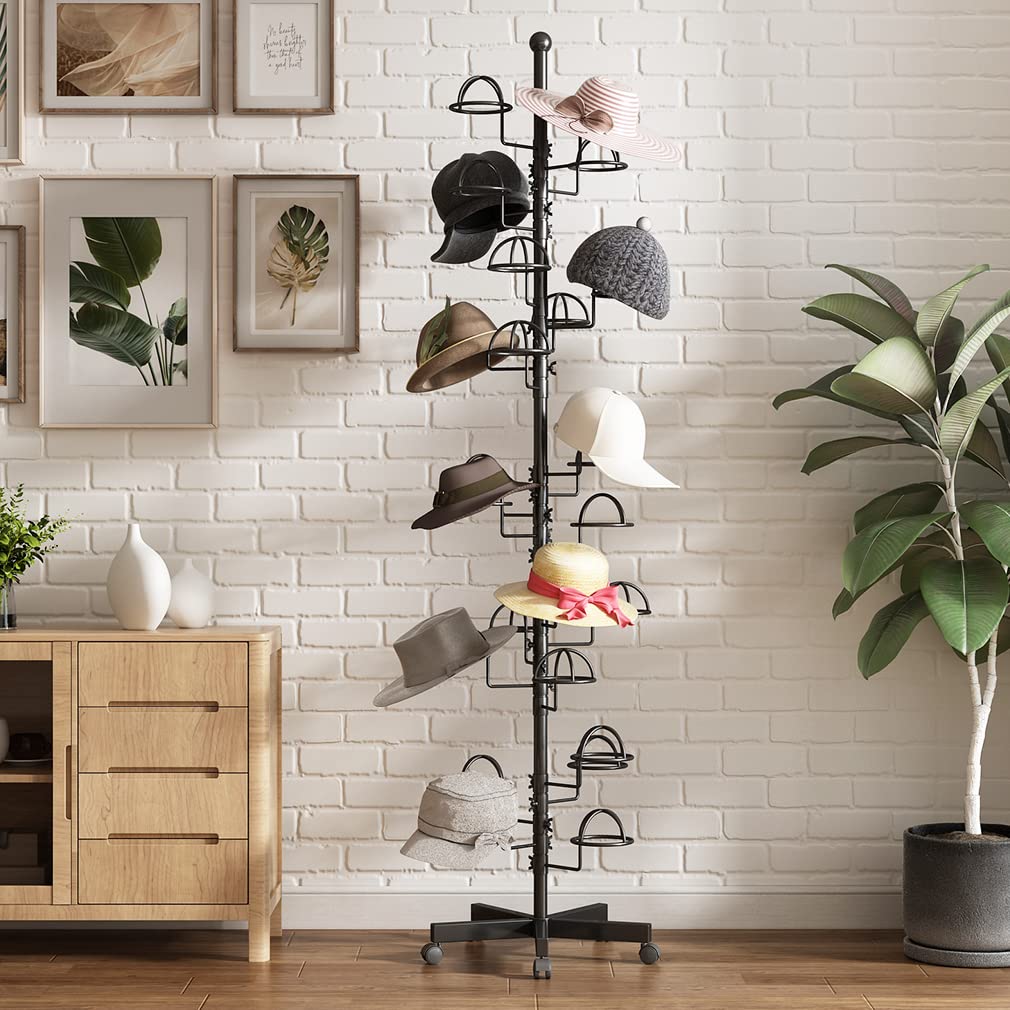 Thick Forest Freestanding Hats Rack Stand Metal Hats Display Stand With 25 Customizable Circular Hooks For Home Or Commercial(Bl