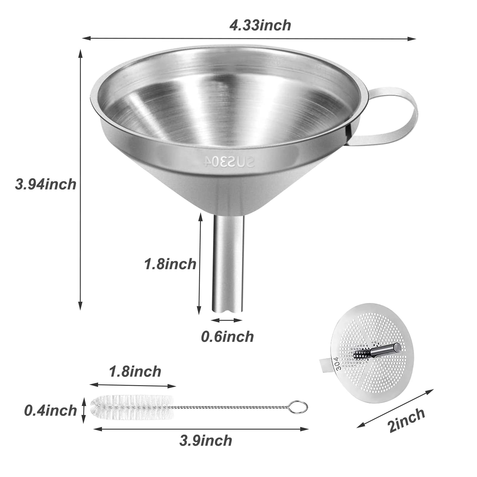 Stainless Steel Kitchen Funnel, 4.3-Inch Food Grade Metal Funnel With Strainer For Filling Bottles, Transferring Liquid, Oil, Ju
