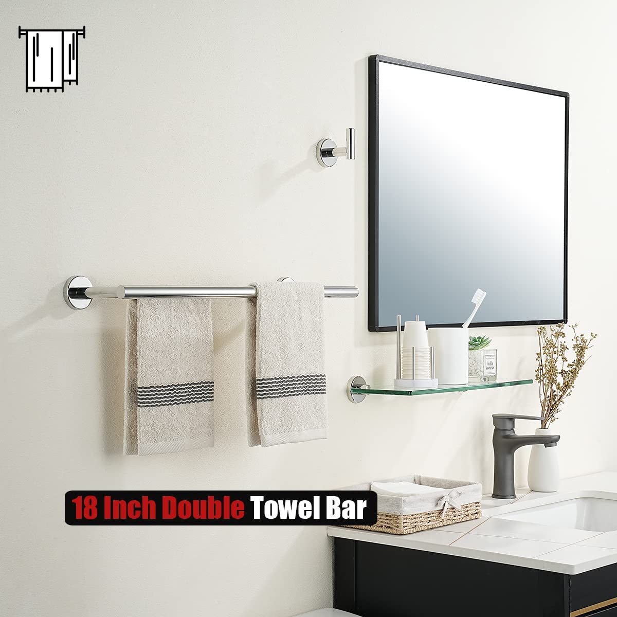 JQK Chrome Double Towel Bar  16 Inch 304 Stainless Steel Thicken 0.8mm Towel Rack Bathroom  Towel Holder Polished Steel Wall Mount  Total Length 19.16 Inch  TB100L16-CH
