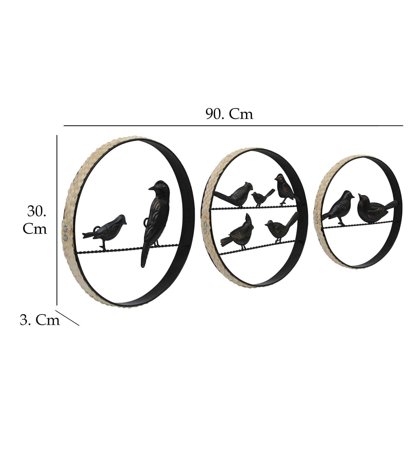 Vedas Bird Dcor With Ranttan Set Of 3 Wall Hanging Decor With Round Frame, Gold Metal Wall Art For Living Room, Office, Home, Ho