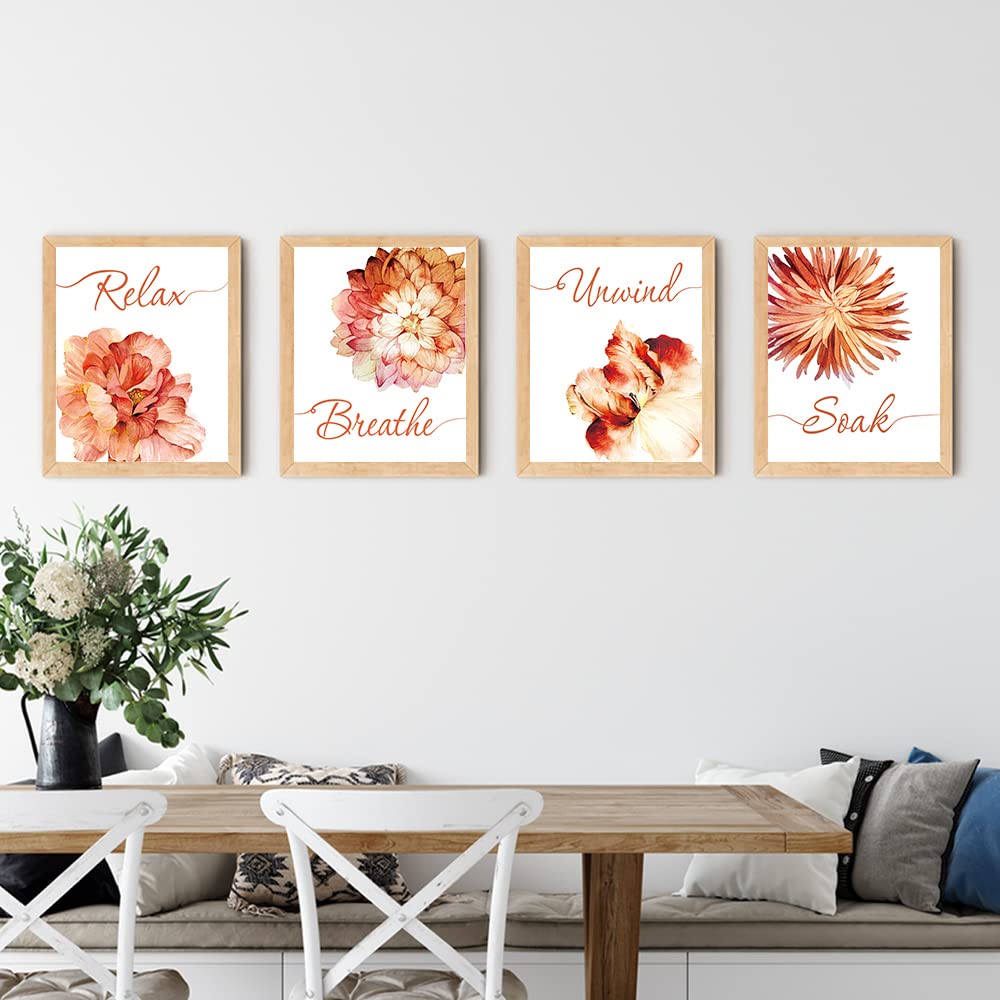 Iiiluyot 4Pcs Bathroom Wall Art Decor Flowers Unframed Poster Prints Relax, Soak, Unwind, Breathe, Bathroom Wall Decor Art Paint