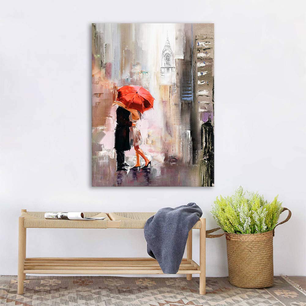 Canvas Wall Art Modern New York Cityscape Large Romantic Canvas Painting Art Wall Decor Lovers Under Red Umbrella Street Scenery