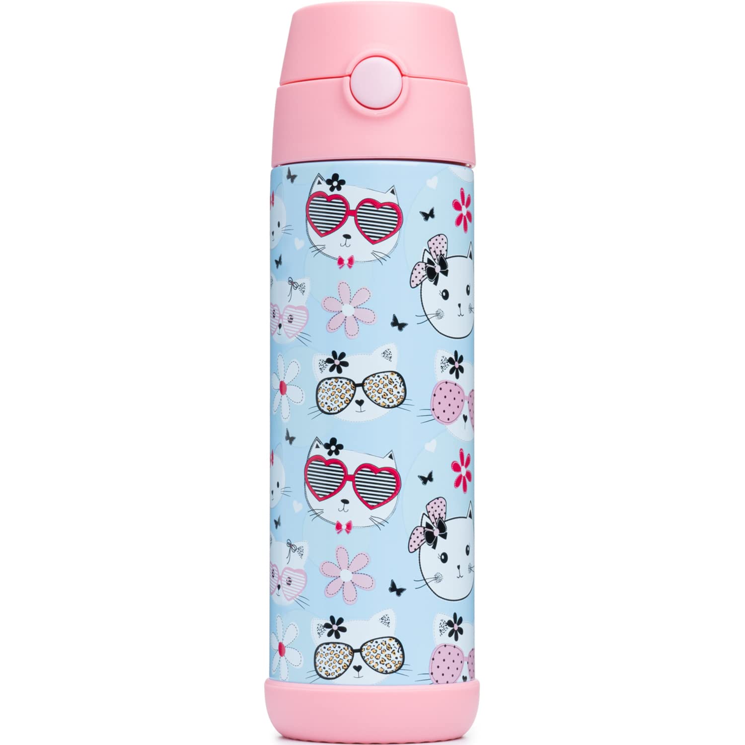 Snug Kids Water Bottle - Insulated Stainless Steel Thermos With Straw (Girlsboys) - Kitty, 17Oz