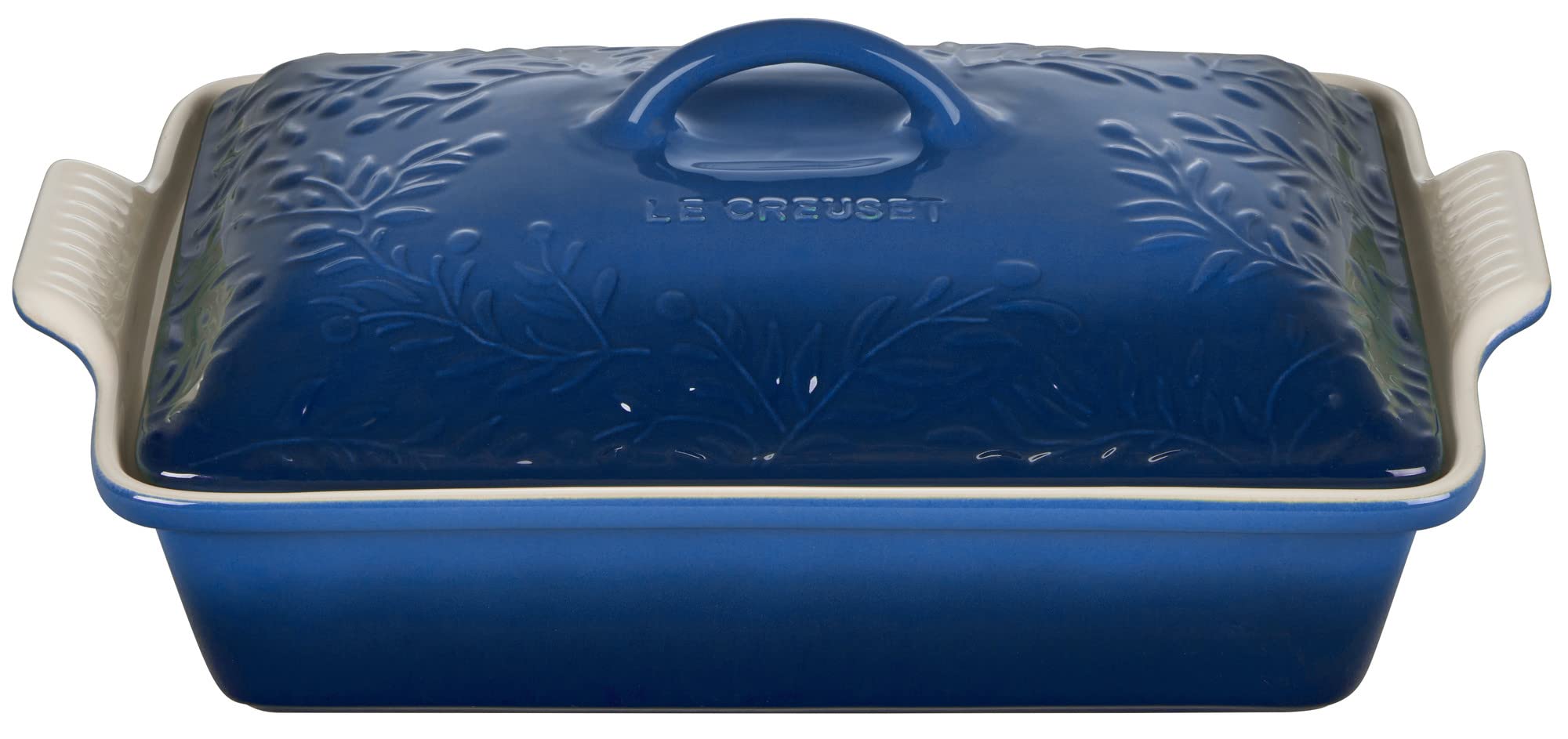 Le Creuset Olive Branch Collection Stoneware Heritage Covered Rectangular Casserole, 4 qt., Marseille with Embossed Lid