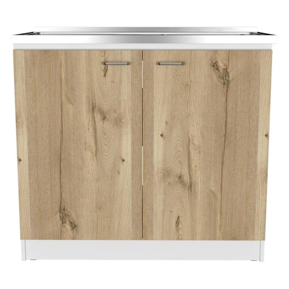 TUHOME Napoles Utility Sink  Two Shelves  Two-Door Cabinet  Countertop- White/Light Oak  For Kitchen Room