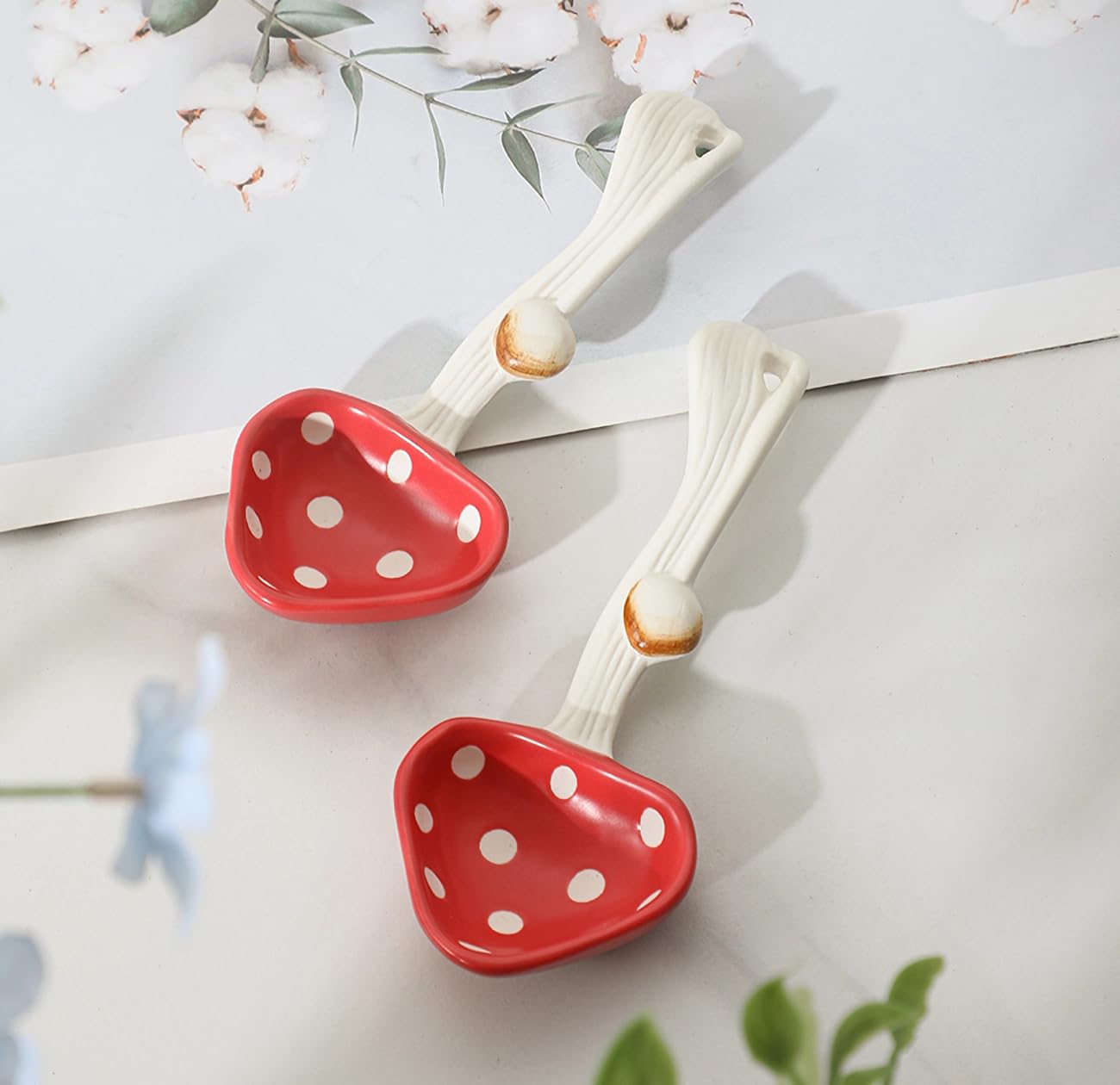 Resvuga Cute Mushroom Spoons - Soup Spoon Set Of 2, Safety Matt Ceramics - Use For Dessert, Breakfast, Soup.