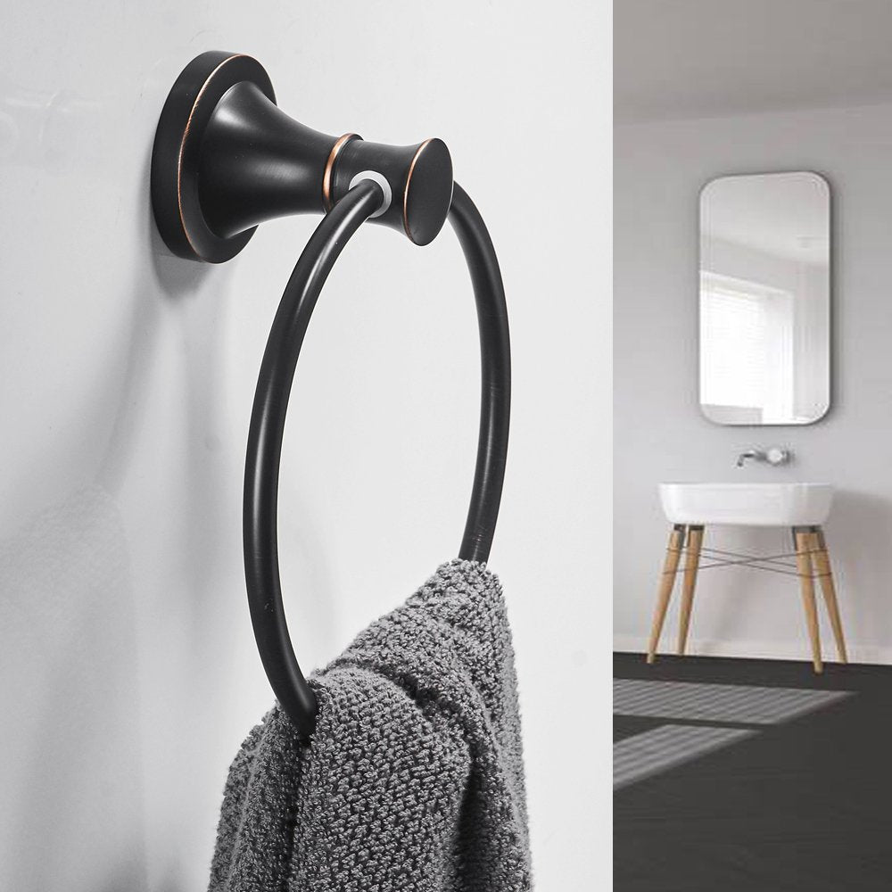 BESy Oil Rubbed Bronze 4 Piece Bathroom Accessories Set (Single Towel Bar  Towel Ring  Toilet Paper Holder  Double Towel Hooks)  Wall Mounted Bath Hardware Accessory Fixtures Set