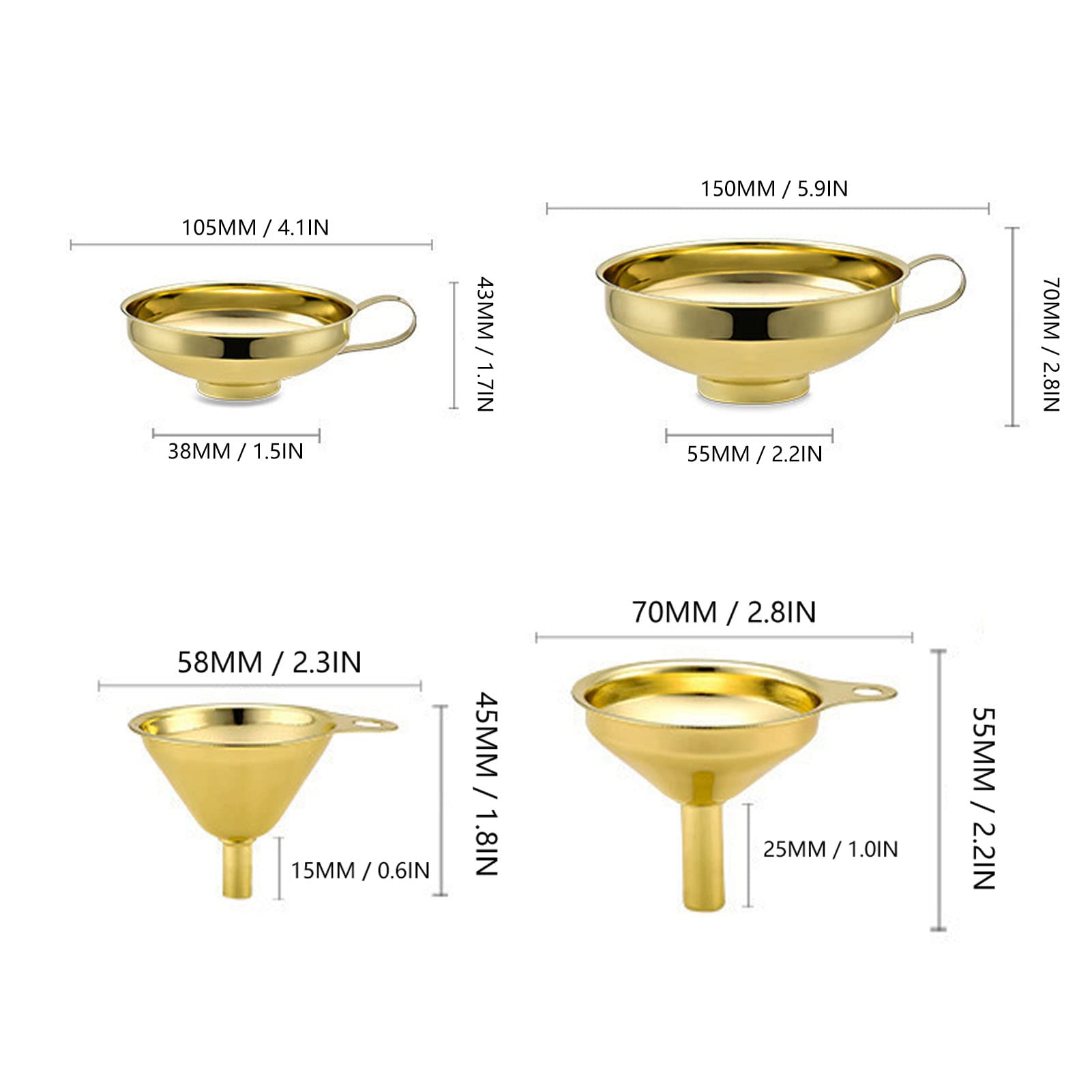Stainless Steel Funnel Set, 5 Pieces Gold Stainless Steel Funnel Set With A Side Handle Kitchen Oil Liquid Metal Funnel Set For