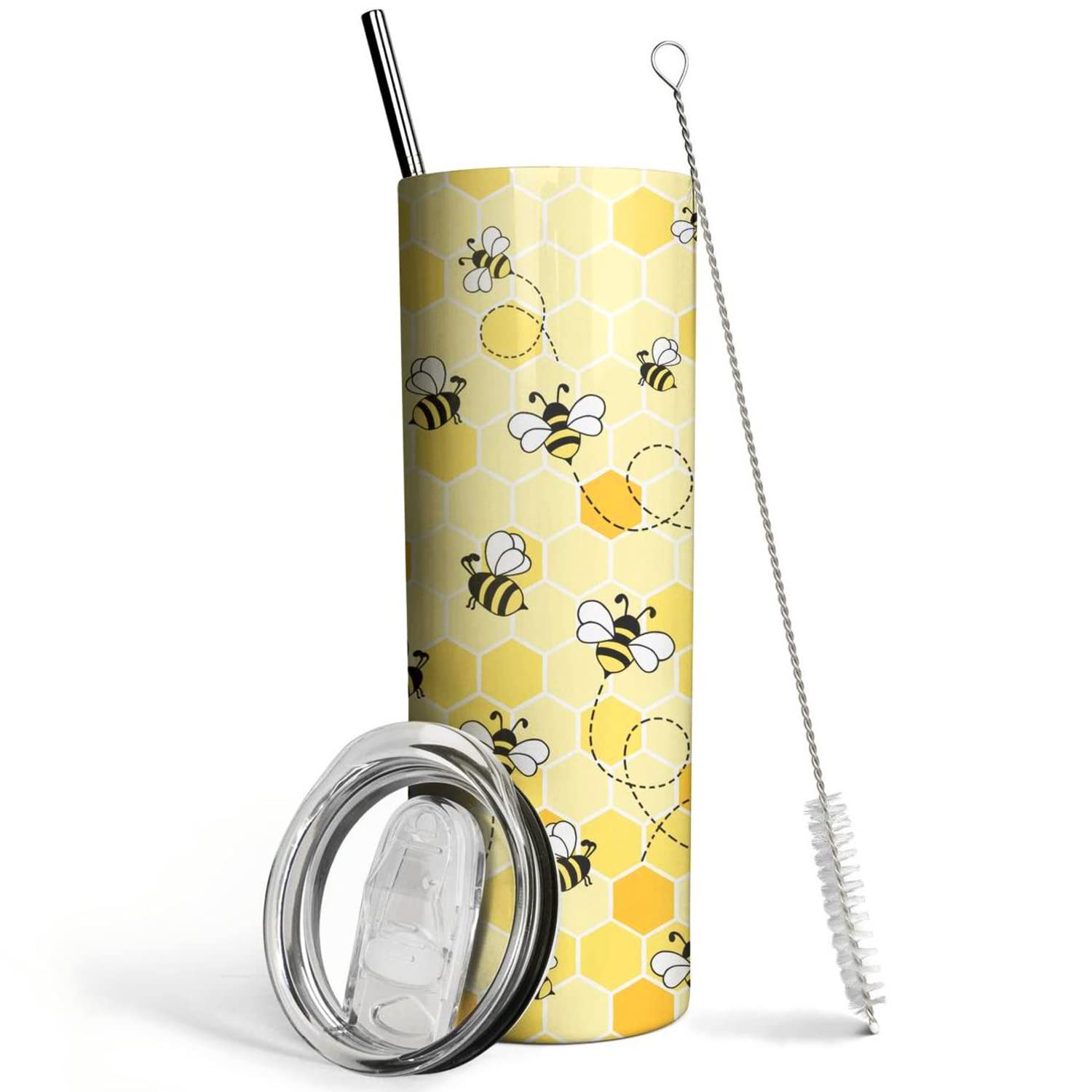 Bee Tumbler With Lid And Straw- Honey Bee Gifts For Women Men - Yellow Bee Coffee Mug, Cup, Skinny Tumbler, Water Bottles- Metal