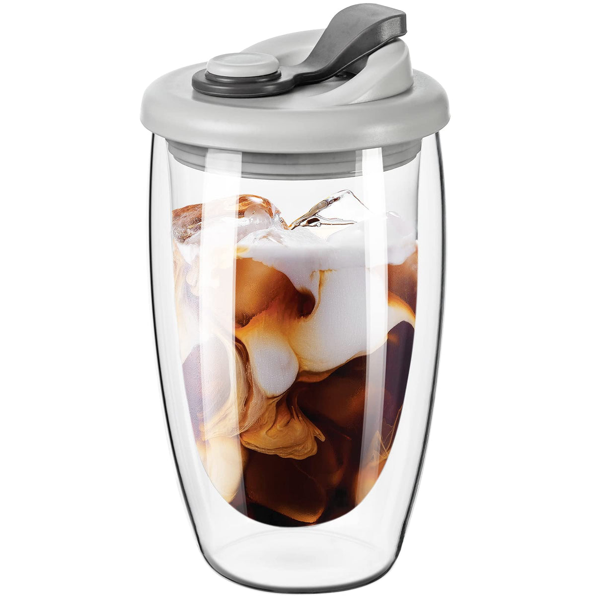 PARACITY Double Wall Glass Coffee Mug, Glass Coffee Cup with Silicone Lid 15 OZ, Insulated Coffee Mug, High Borosilicate Glass D