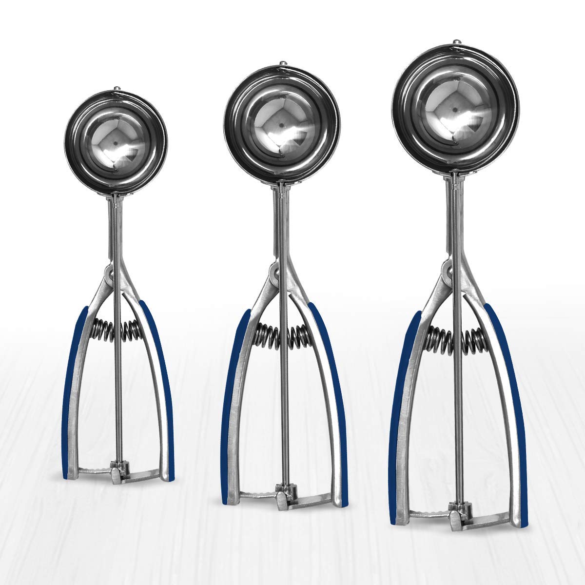 Millvado 3 Pack Stainless Steel Ice Cream And Cookie Scoops | With Blue Rubber Grips - Spring Loaded Lever Design - For Sorbet,