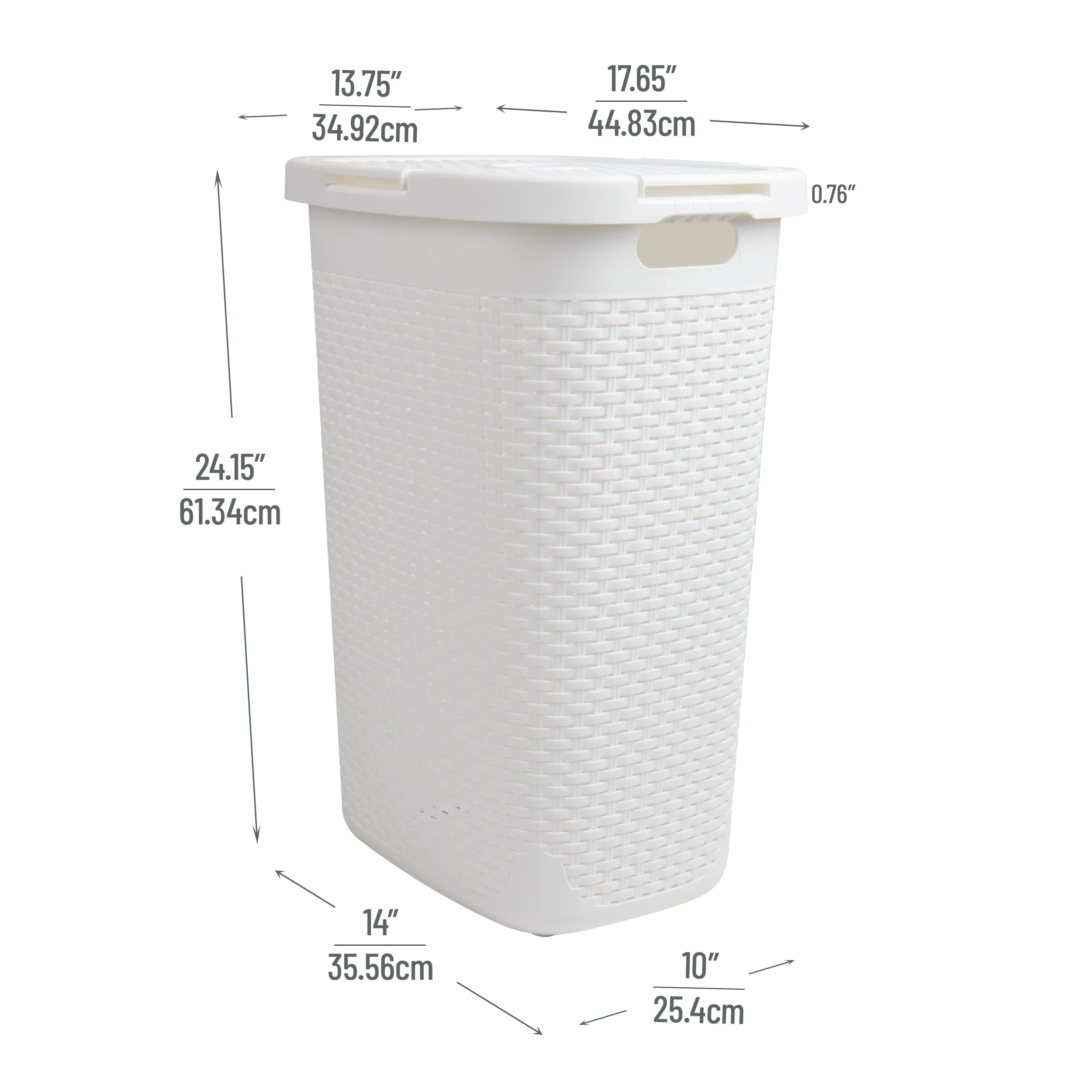 Mind Reader 60L Slim Laundry Hamper, Clothes Basket, Lid, Wicker Design, Plastic, 17.65''L X 13.75''W X 24.15''H, White