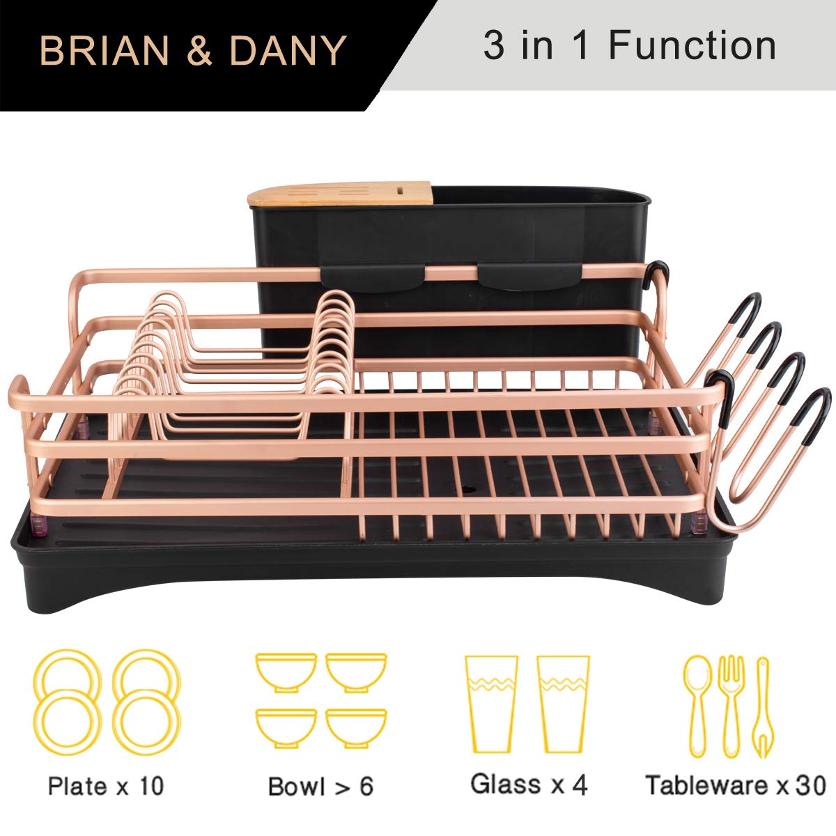 Brian & Dany Aluminum Dish Drying Rack, Dish Racks For Kitchen Counter, Dish Drainer With Removable Cutlery Holder & Cup Holder,