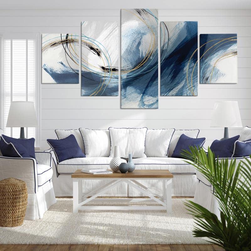 Fu-Keivy Blue Grey Abstract Canvas Wall Art Decor Fantasy Modern Artwork Painting For Living Room Bedroom 5 Panel Wall Pictures