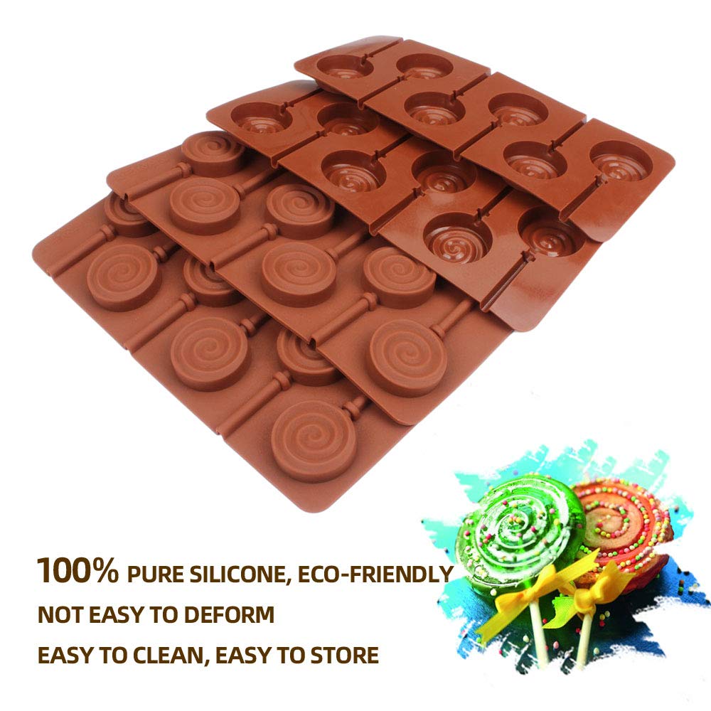 Cooknbake Round Silicone Mold For Lollipop Hard Candy Chocolate Cake Decorating With 24Pcs Reusable Sticks Swirl Shape Set Of 4