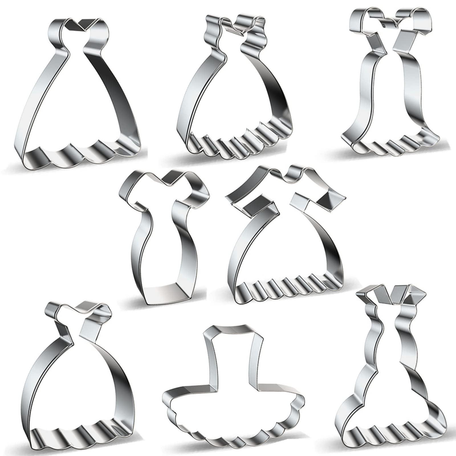 Dress Shaped Cookie Cutters Set Of 8 Pcs, Stainless Steel Wedding Dress Princess Dress Fondant Cutter Molds Baking Diy