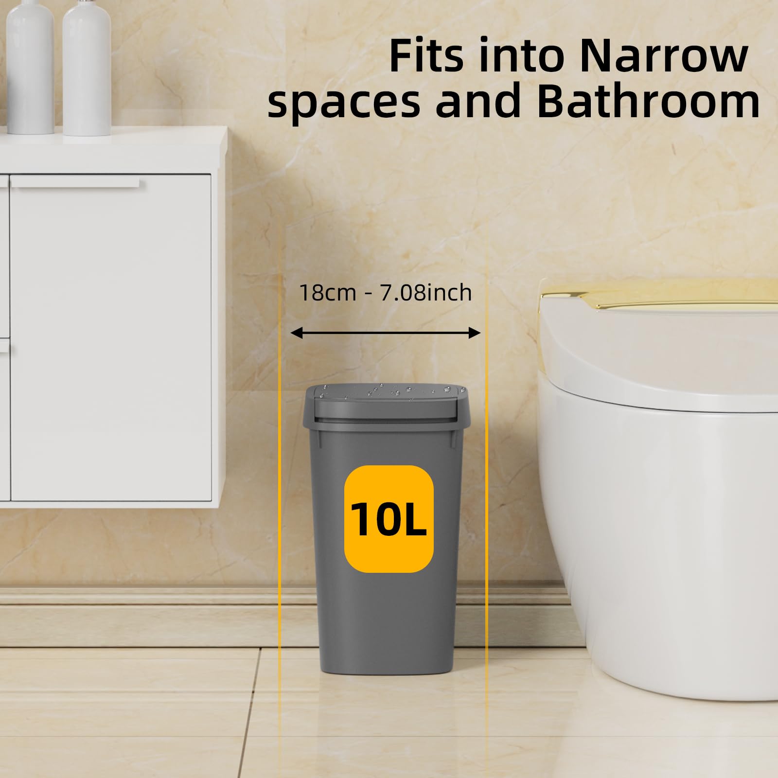 Ksskss 3 Pack Bathroom Small Trash Can With Lid, 2.6 Gallon Slim Garbage Bin With Pop-Up Lid, 10L Plastic Wastebasket With Press