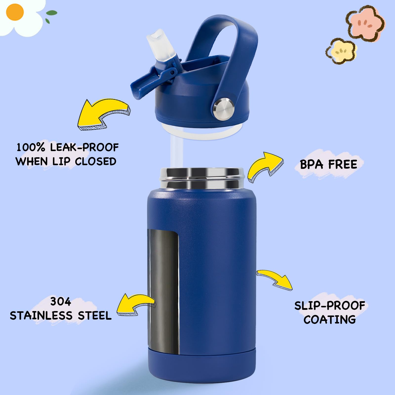 Kerilyn 12oz Kids Water Bottle 2 Pack, Stainless Steel Insulated Water Bottle Bulk, Toddler Cups with Straws Leak-Proof, Kids Wa