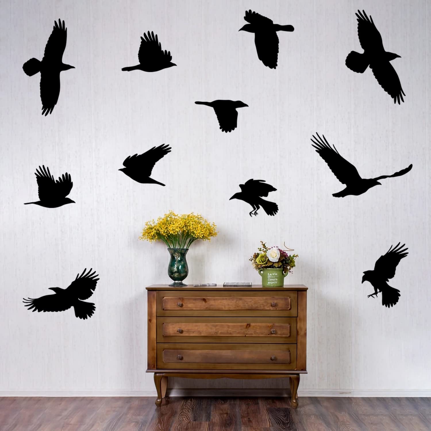 Woyinis Removable Large Crow Wall Decals Black Raven Wall Stickers Peel & Stick Individual Raven Birds Set Living Room Bedroom W
