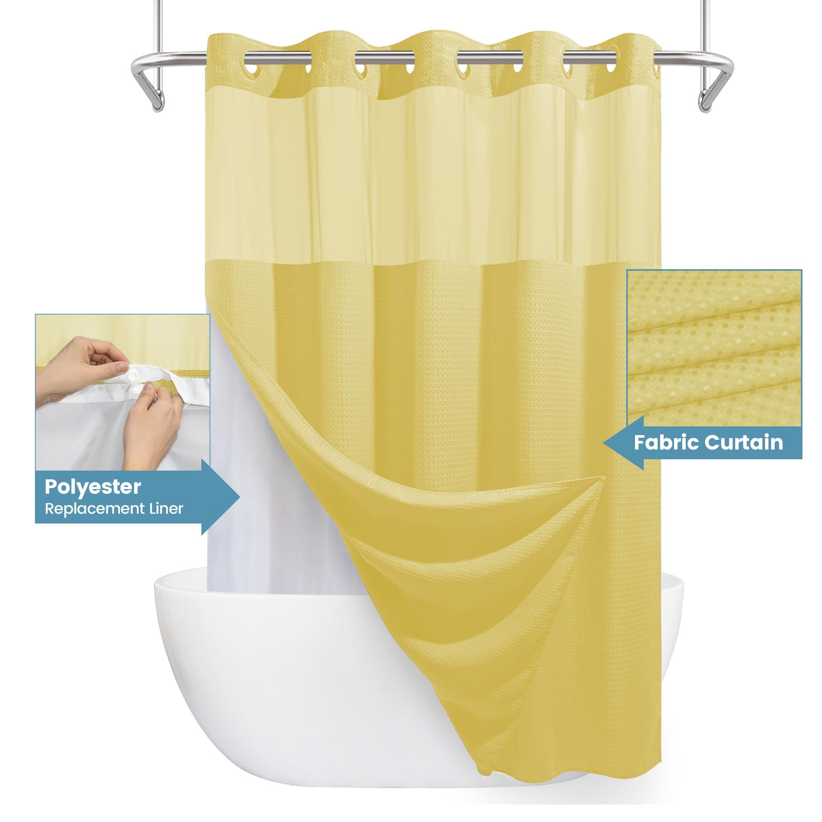 Eutxl Yellow No Hook Shower Curtain With Snap In Liner,230Gsm Waffle Weave Shower Curtains For Bathroom,71W X 74H